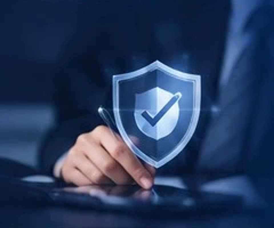 Hand touching a digital security shield on a tablet
